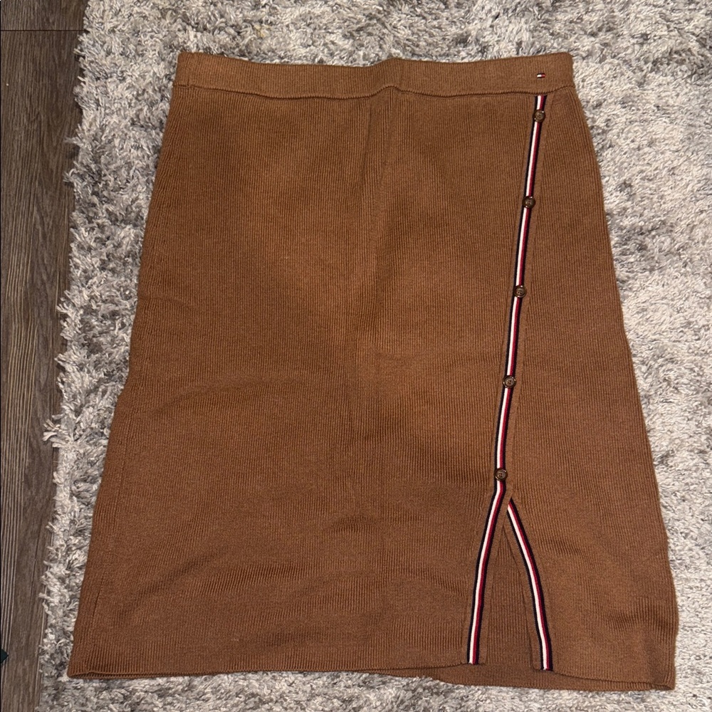Tommy Hilfiger Brown Pencil Skirt with Stripe Accent